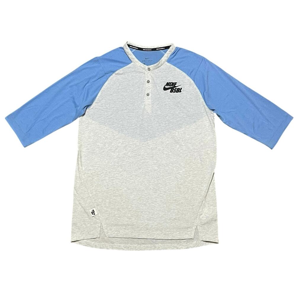 New! Nike Dri-FIT Flux Men's 3/4 Sleeve Baseball Henley Shirt Gray|Blue M Sport